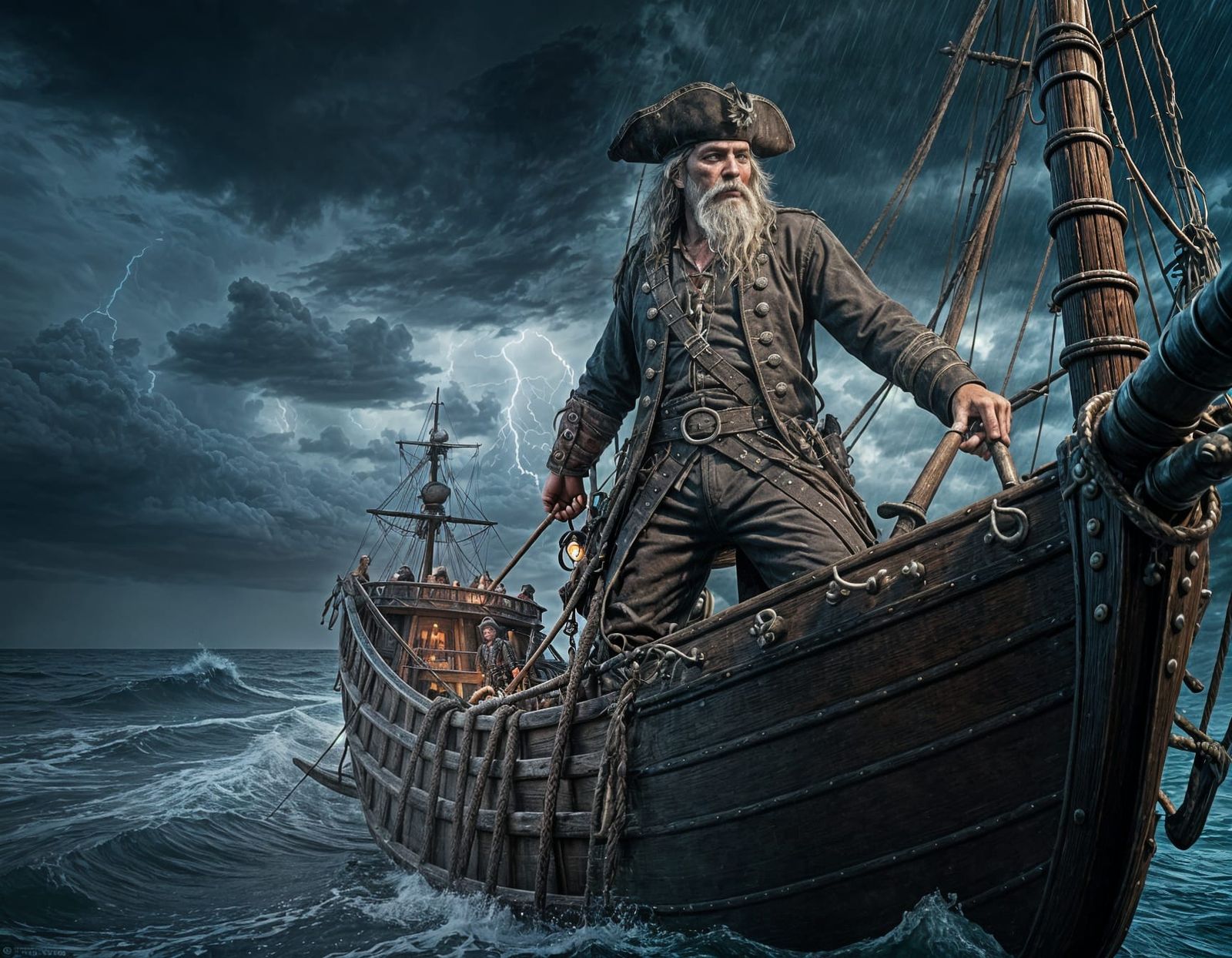 Pirate Captain Fishes for Treasure on Ghost Ship in Storm