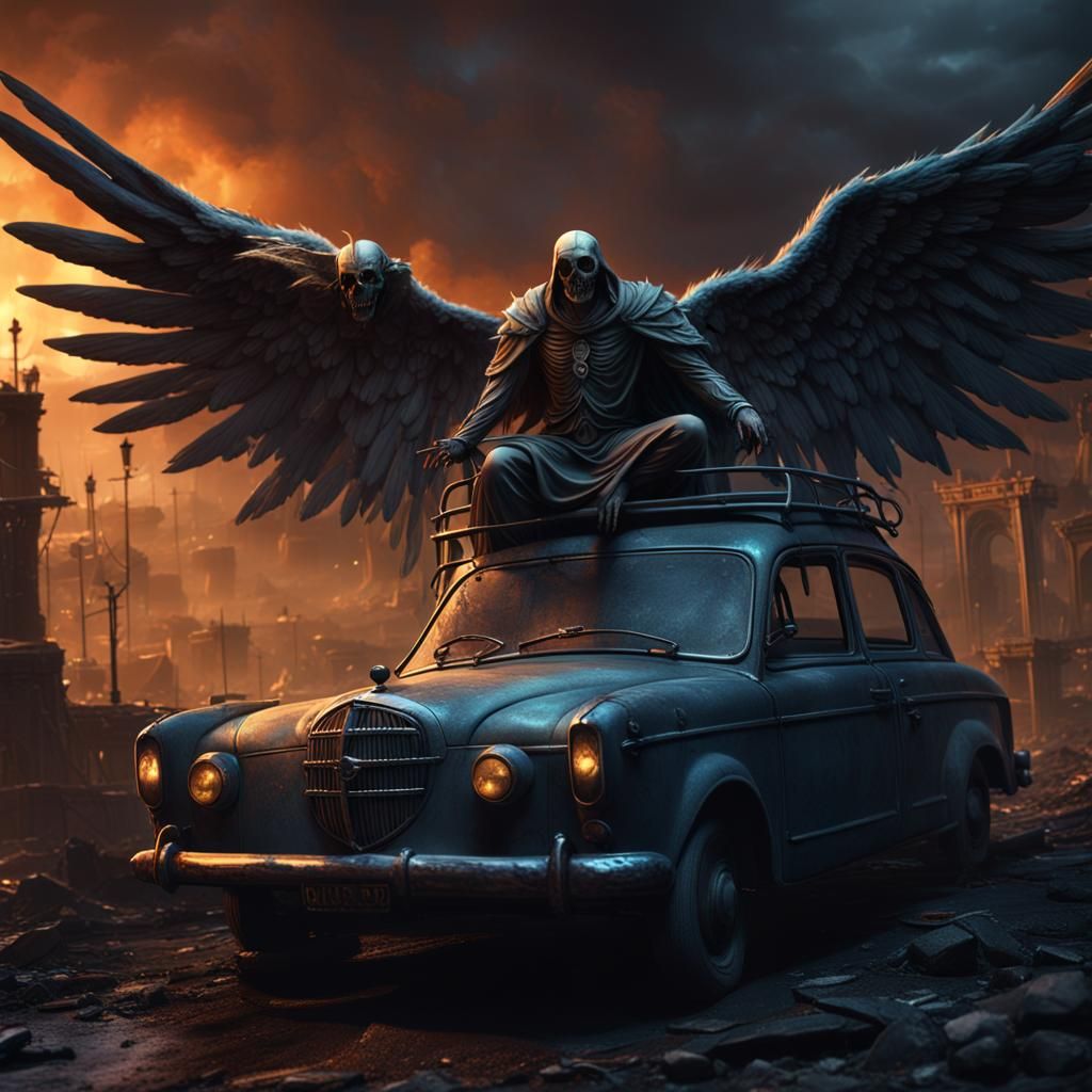 Angel of Death Searches from Car: Detailed Fantasy Art