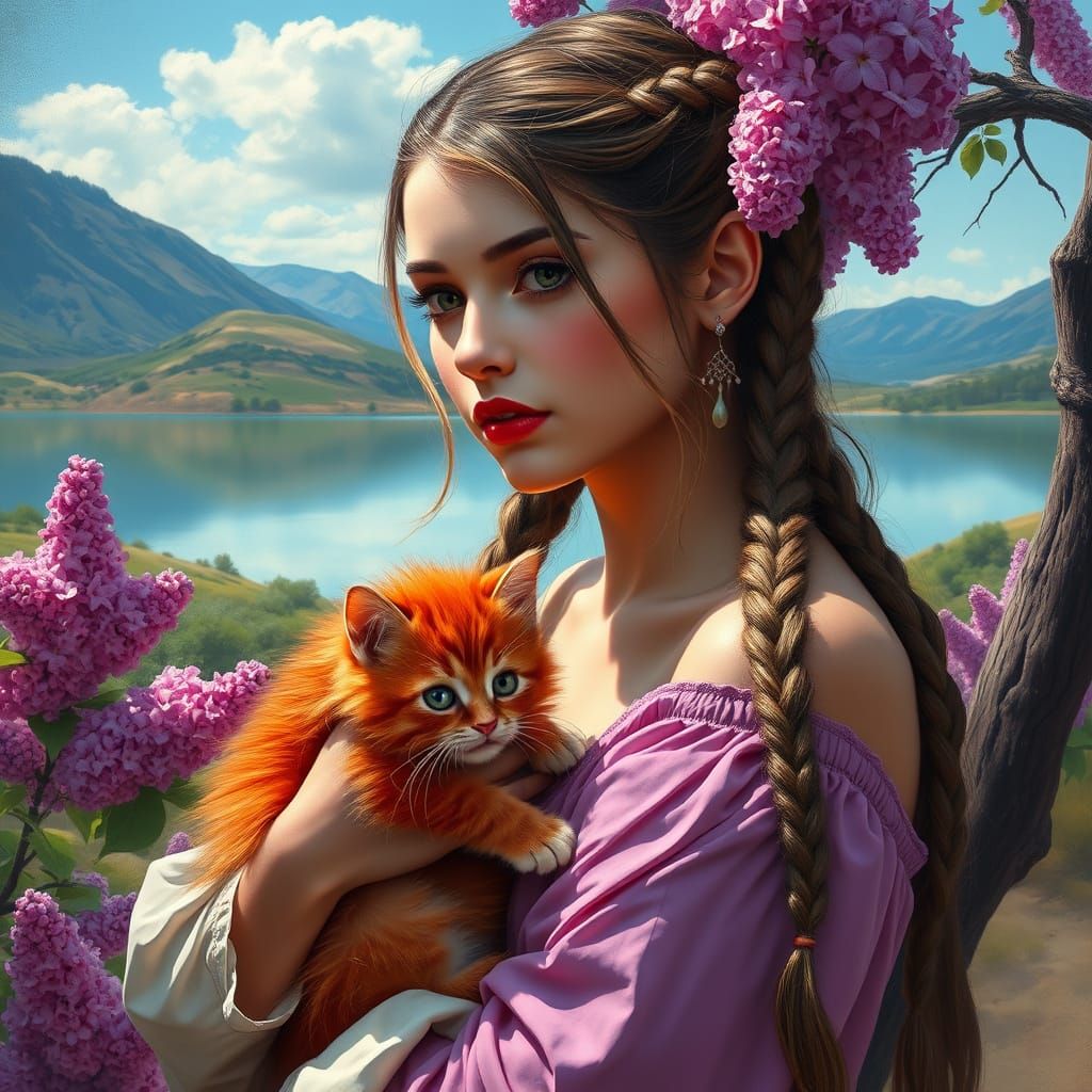 Woman with Kitten in Surreal Spring Landscape