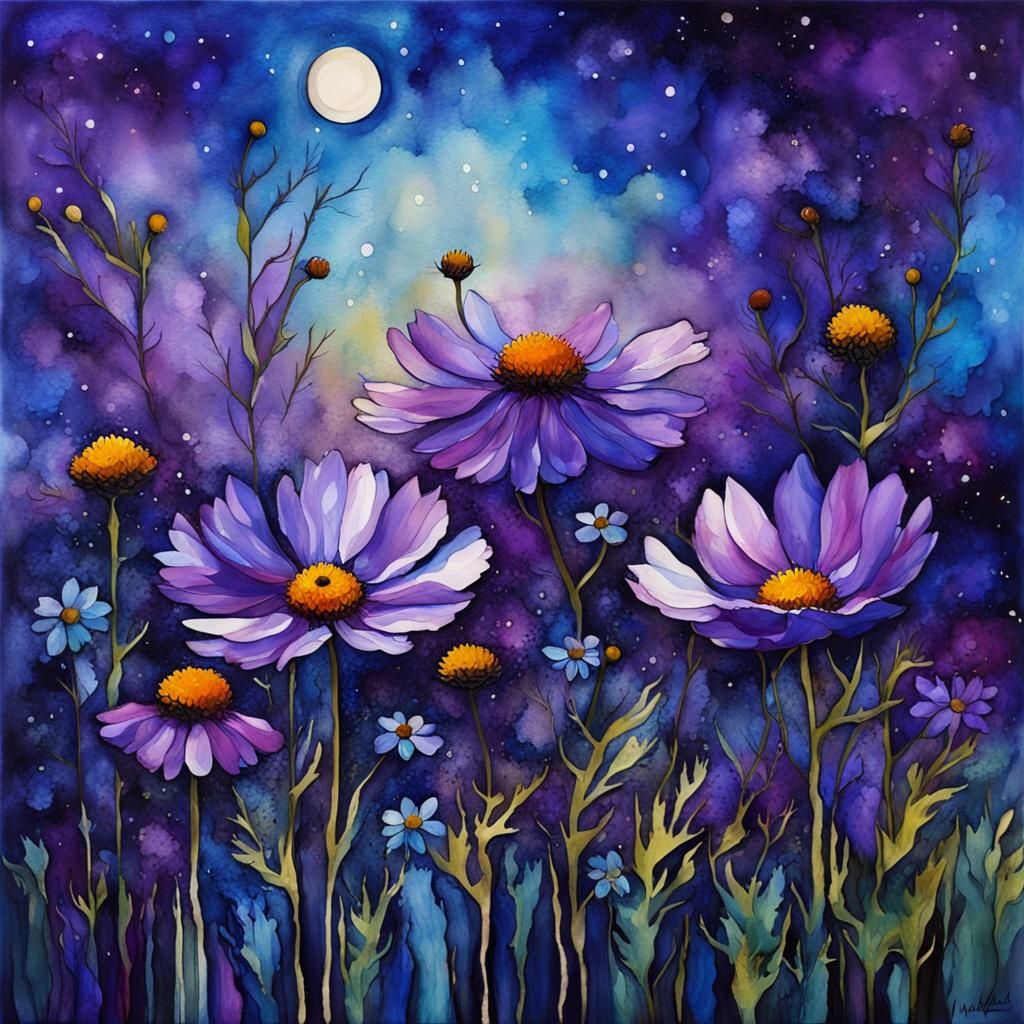 Cosmos and Coneflowers in Alcohol Ink Art