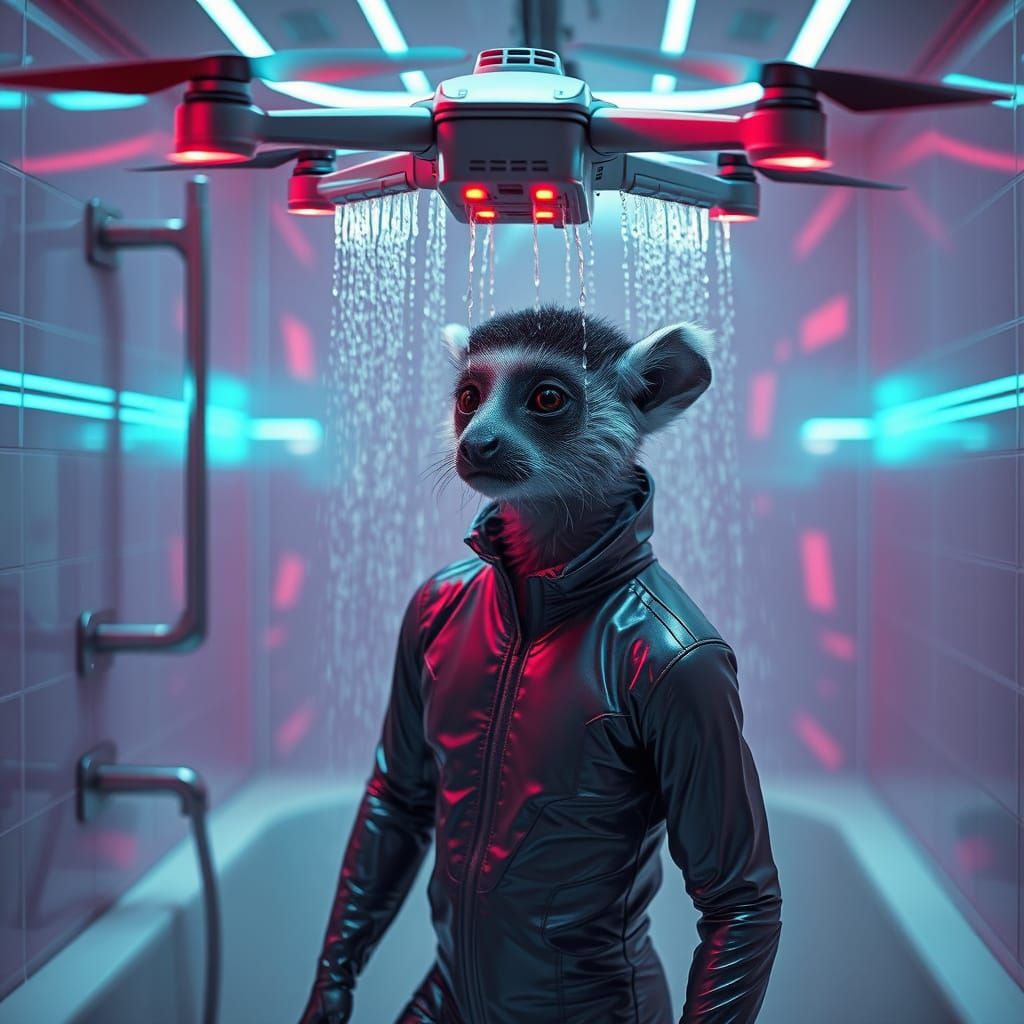 Lemur Creature's Cyberpunk Shower Captured by Drone