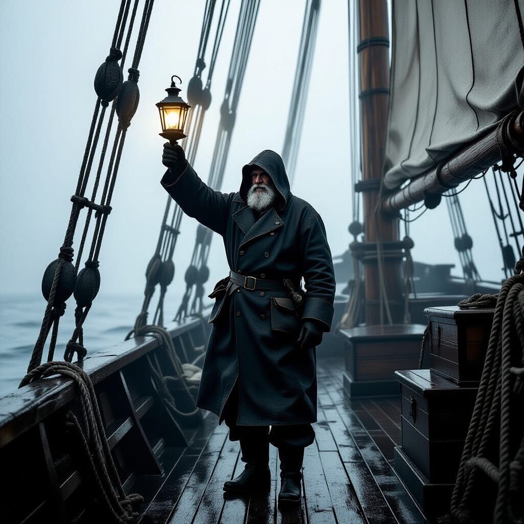 Sailor with Lantern on Ghost Ship in Black and White