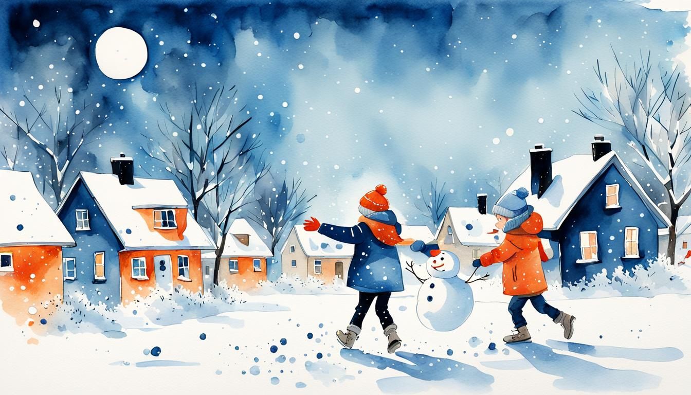 Children's Snowball Fight in Watercolor Style