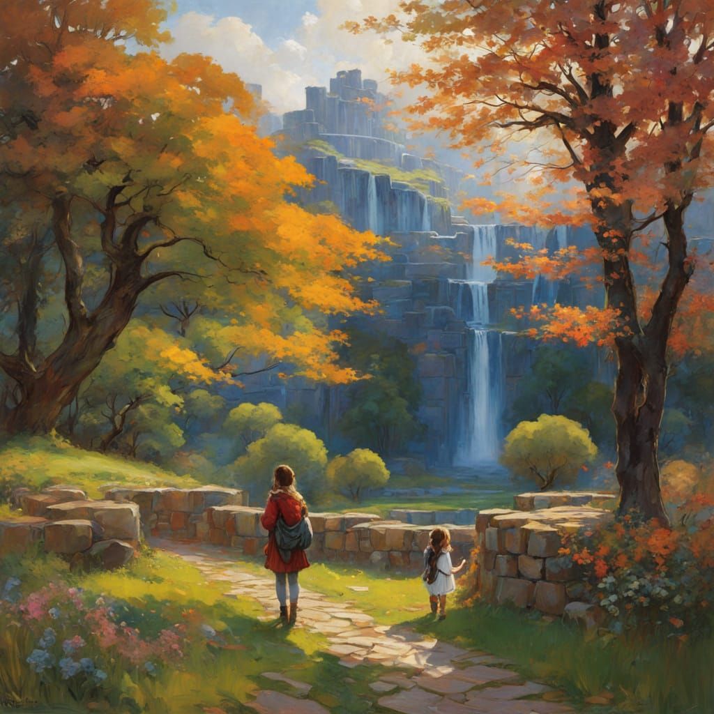 Ethereal Sisters in a Whimsical Waterfall Park