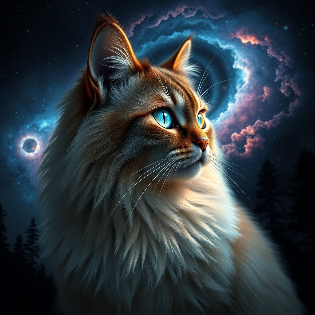 Mystical Cat with Cosmic Aura and Dreamlike Landscape