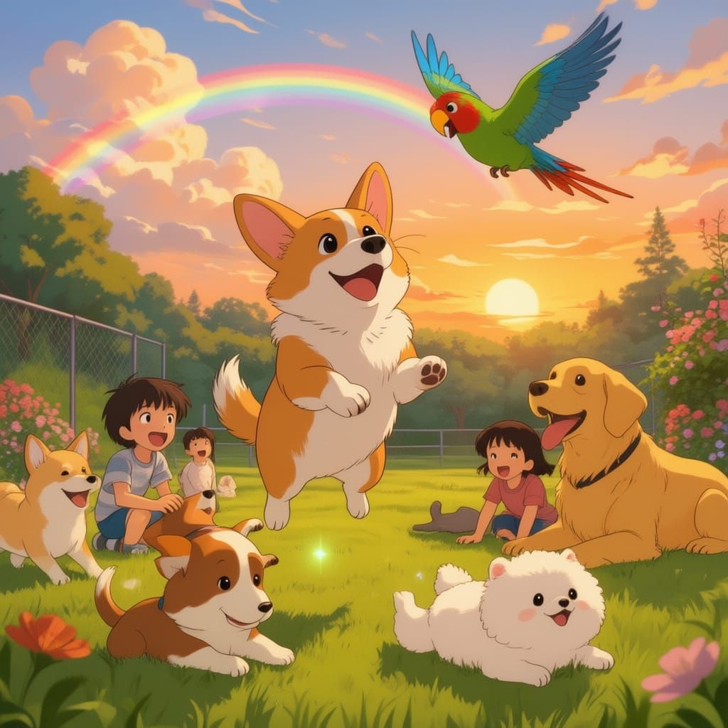 Joyful Corgi in Dog Park with Animal Friends