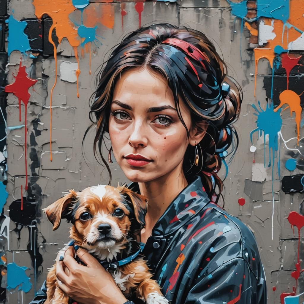 Woman and Dog in Vibrant, Modigliani-Inspired Portraiture