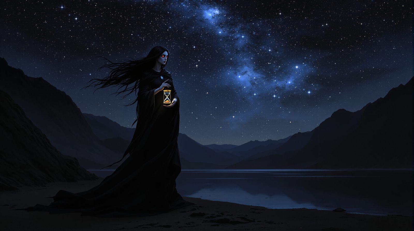 Dark Night Goddess Holding Glowing Hourglass Under Starry Sk...