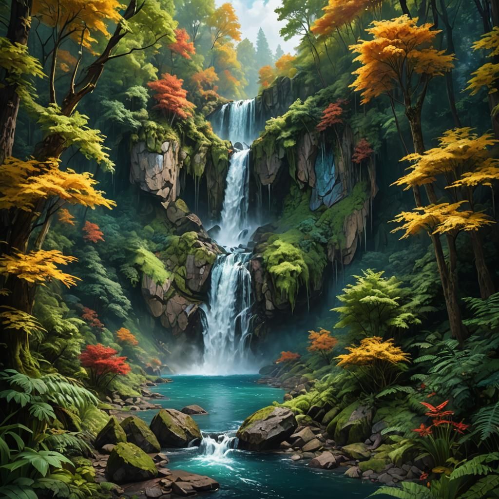 Impasto Waterfall Painting with Deep Colors