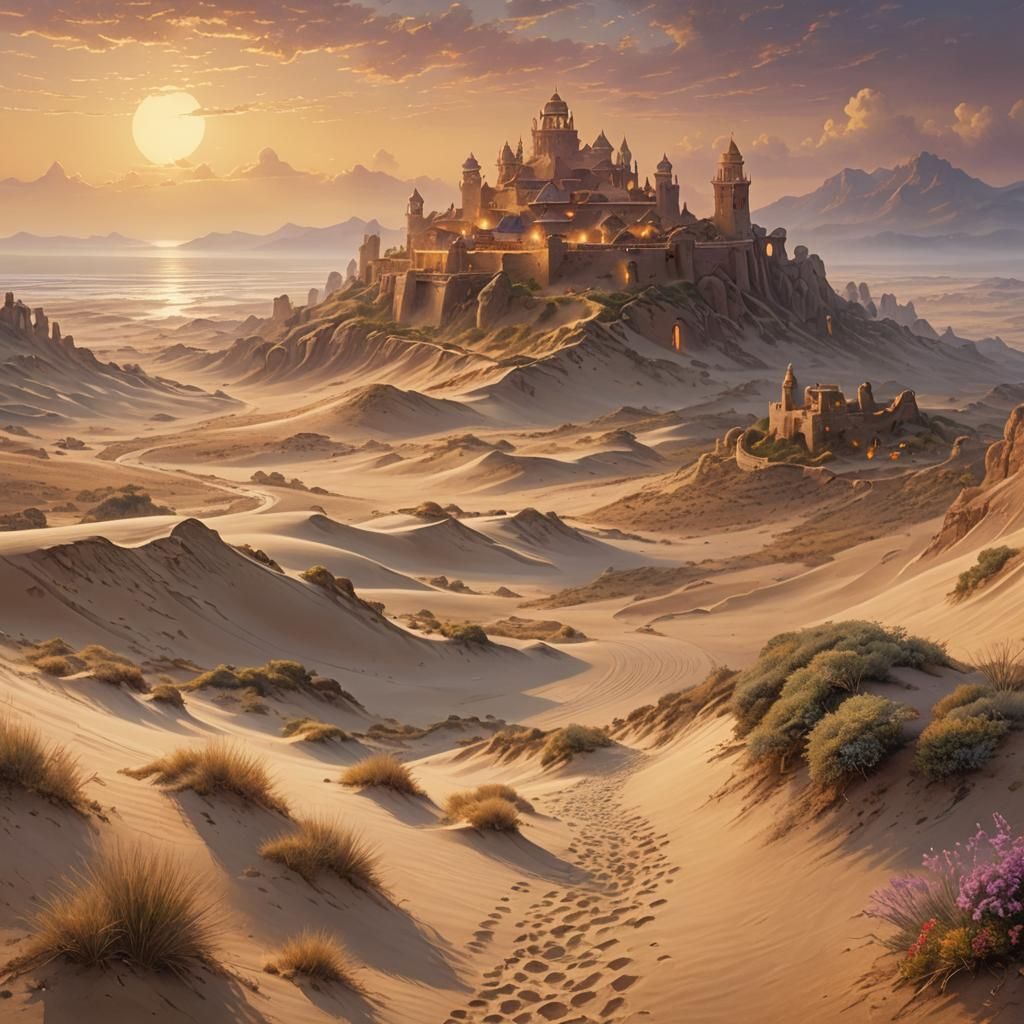 Ethereal Desert Ruins in Hyperdetailed Oil Painting