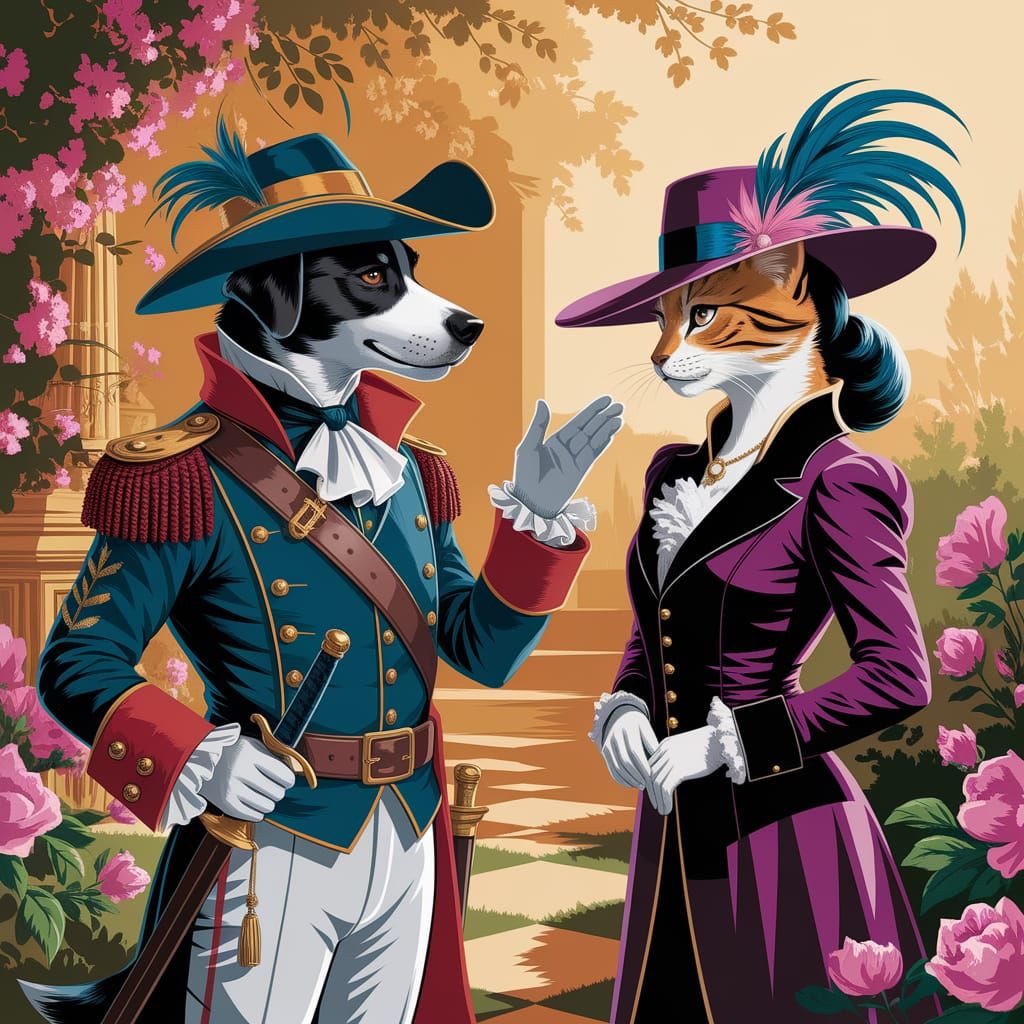 Dapper Musketeer Dog Courts Regal Feline Lady