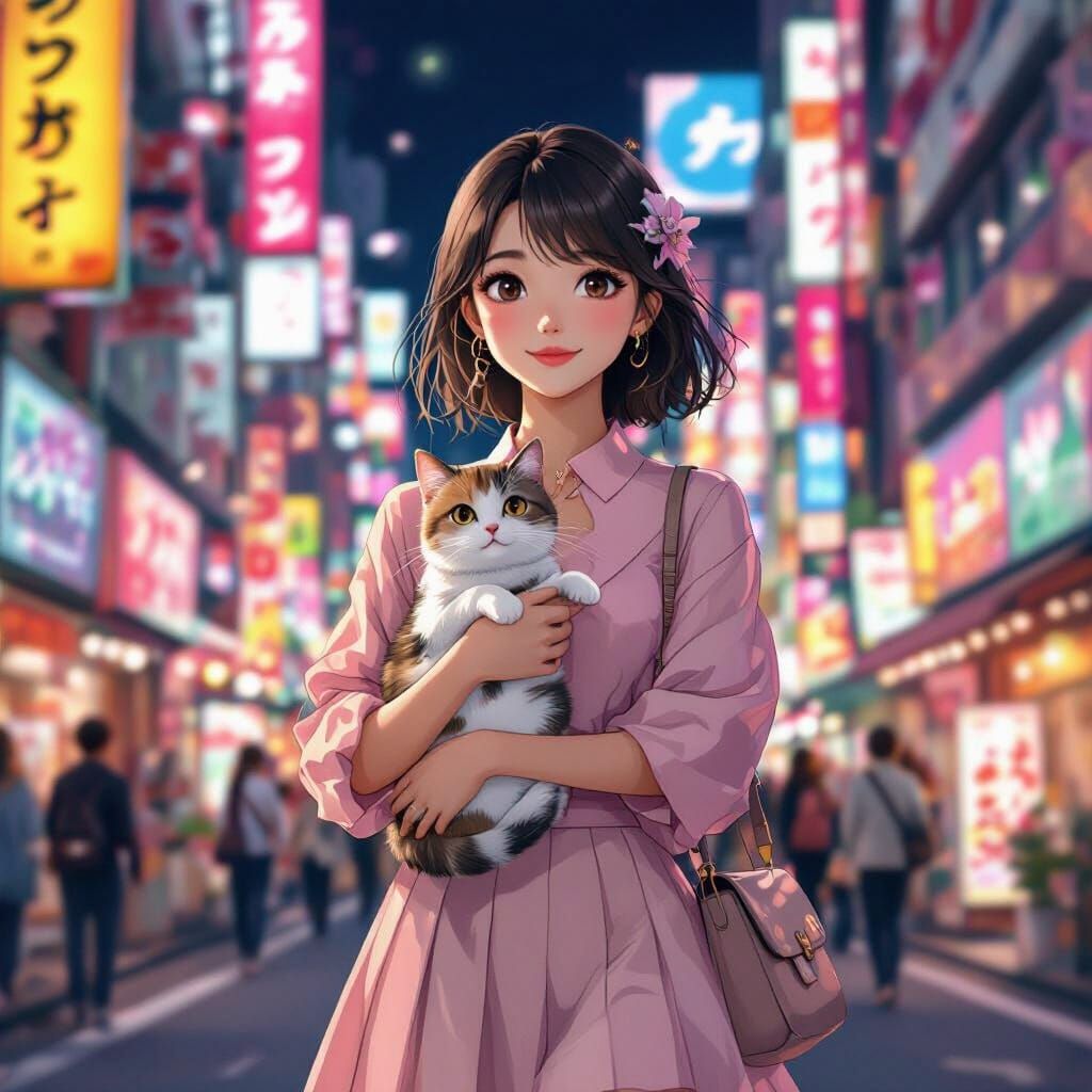 Japanese Lady with Cat in Tokyo, Anime Style