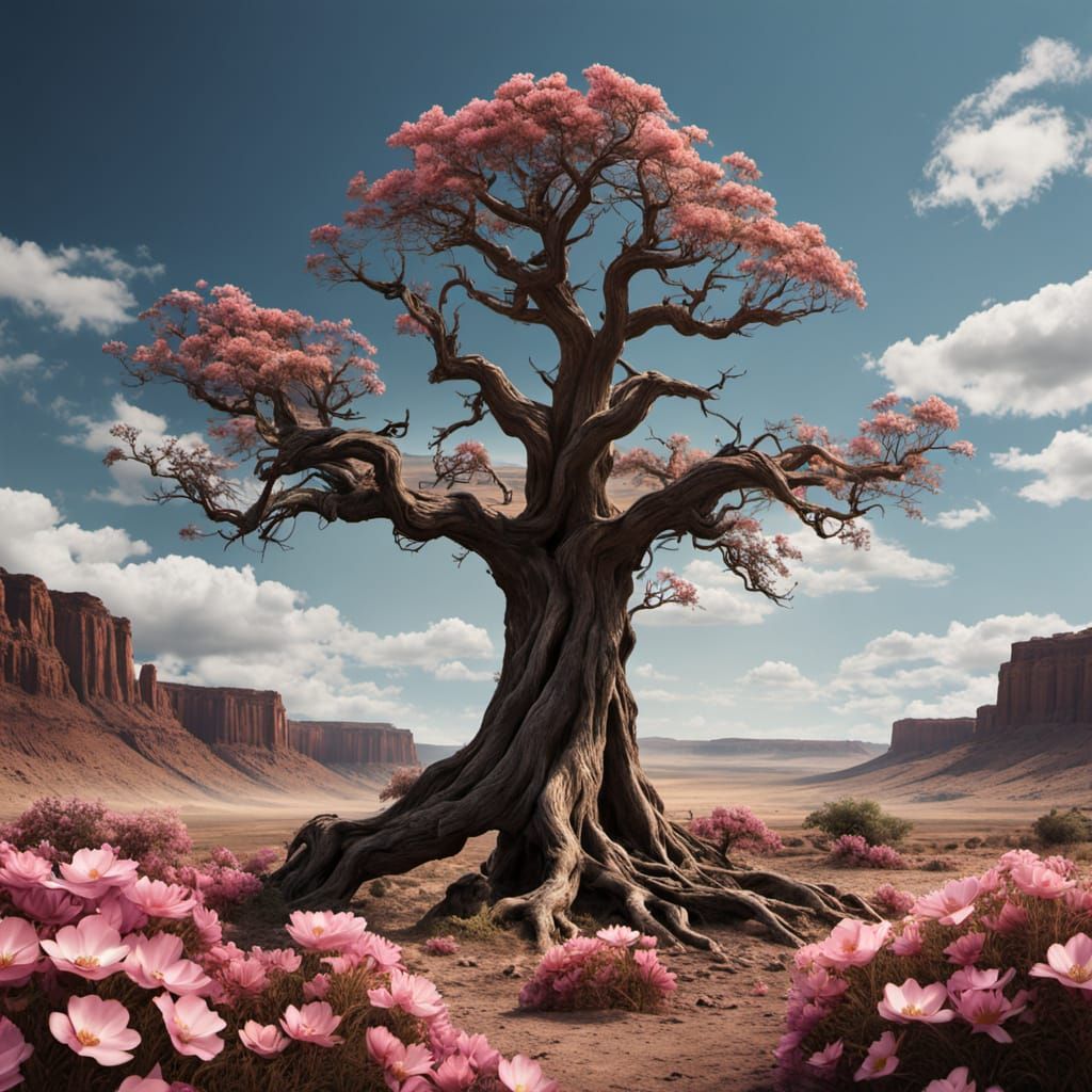 Colossal Tree with Flower in Desolate Wasteland