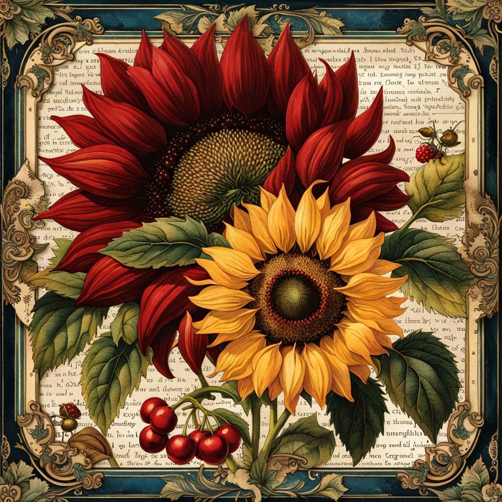 Vintage Sunflower Scrapbook Ephemera in Watercolor Style