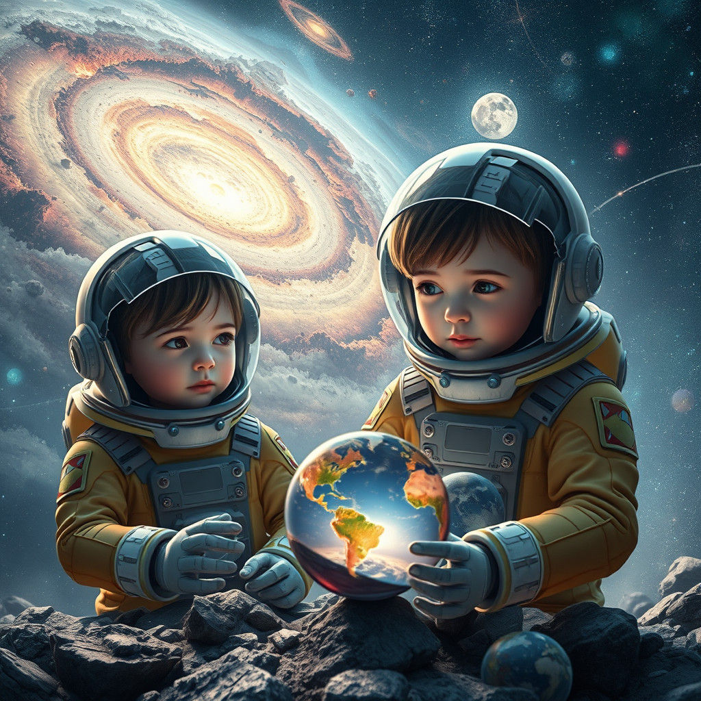 Children Playing Marbles with Planets in Space