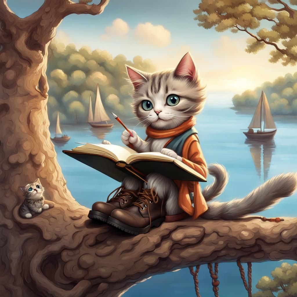 Anthropomorphic Cat Journaling in Treetop Scene