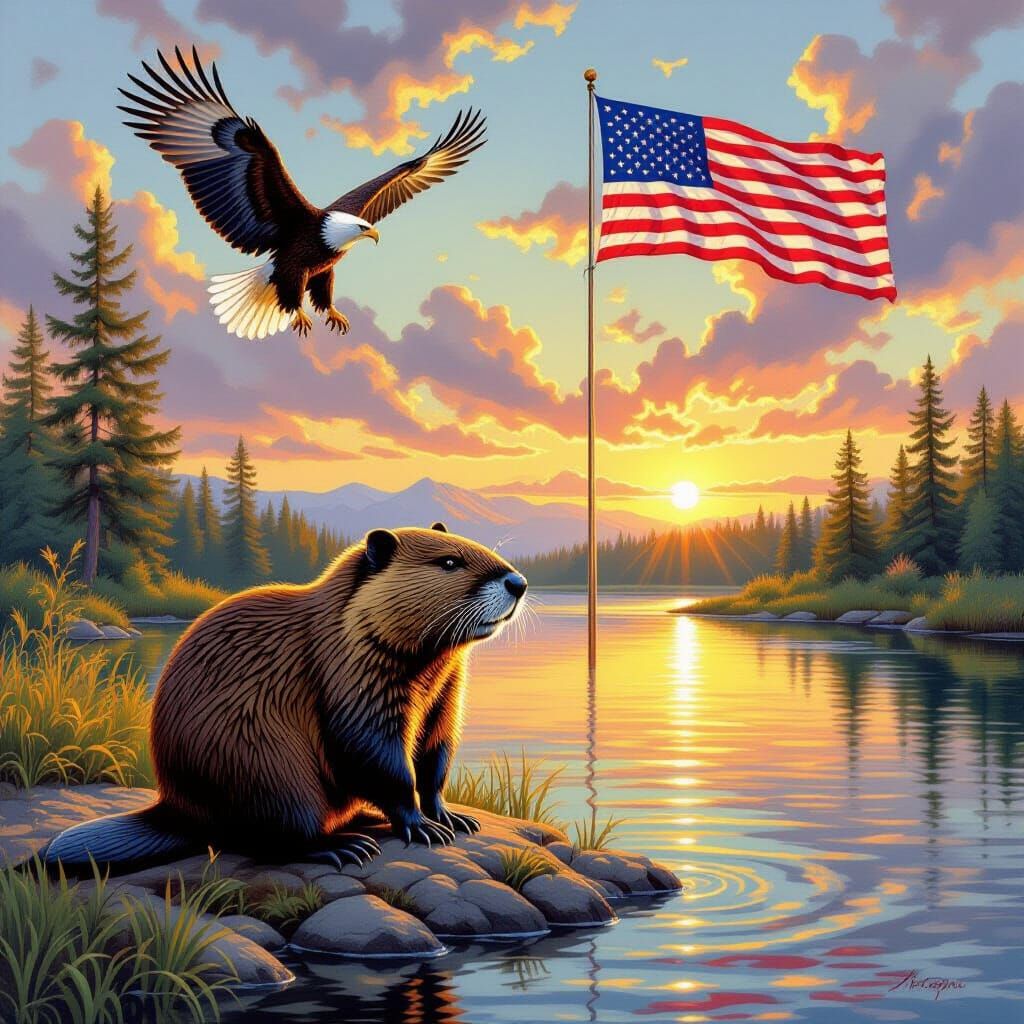 Beaver, Eagle, and Flag in Dramatic Realistic Style