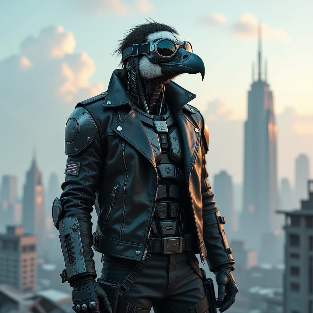 Cyborg Vulture Person in Post-Apocalyptic Landscape