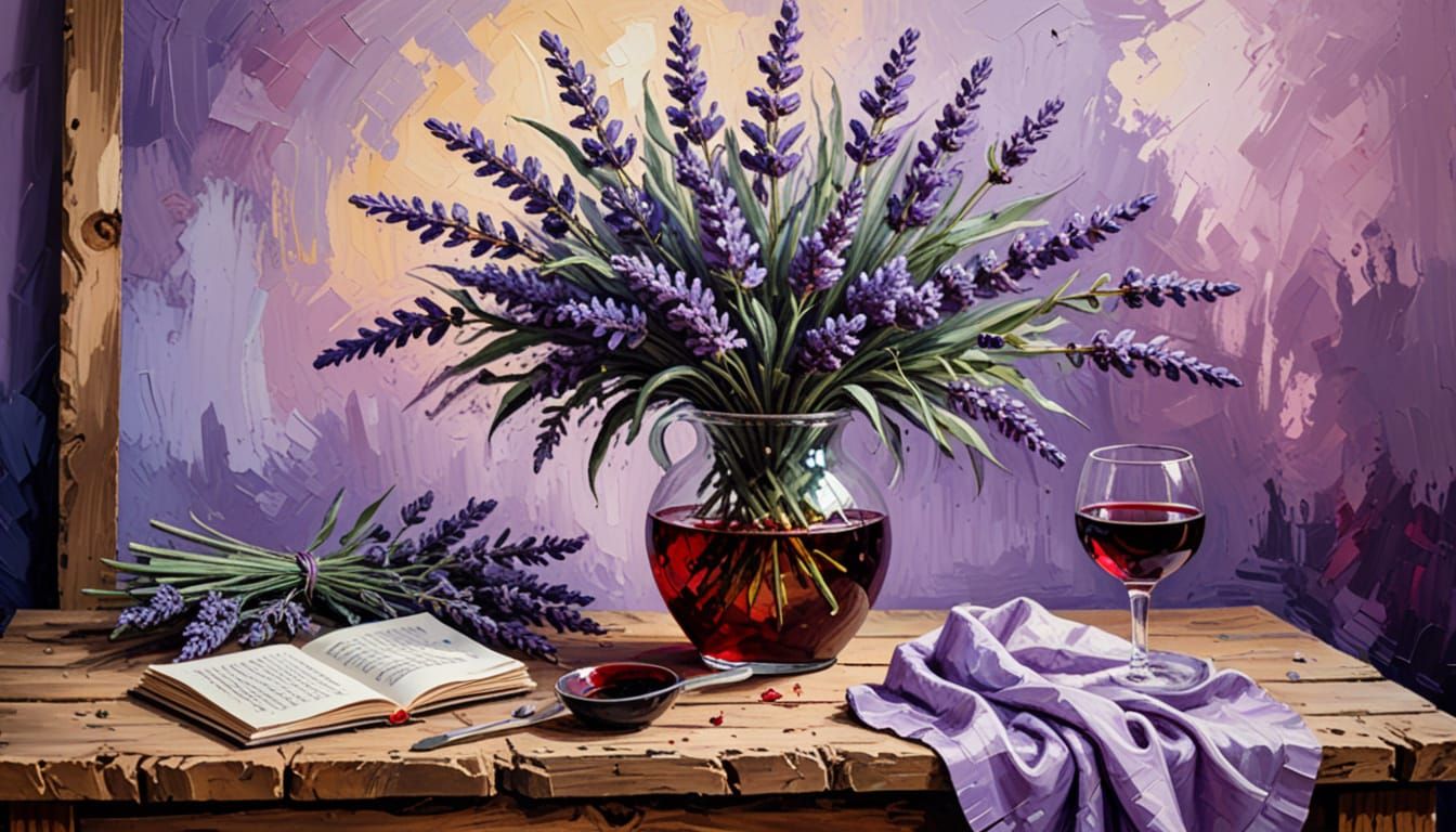 Neo-Impressionist Still Life: Lavender, Wine, and Ring