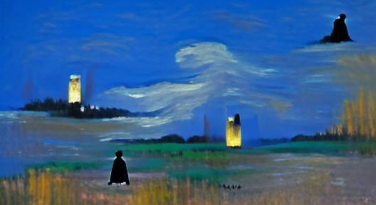 Cloaked Figure Runs Towards Tower: Impressionistic Landscape
