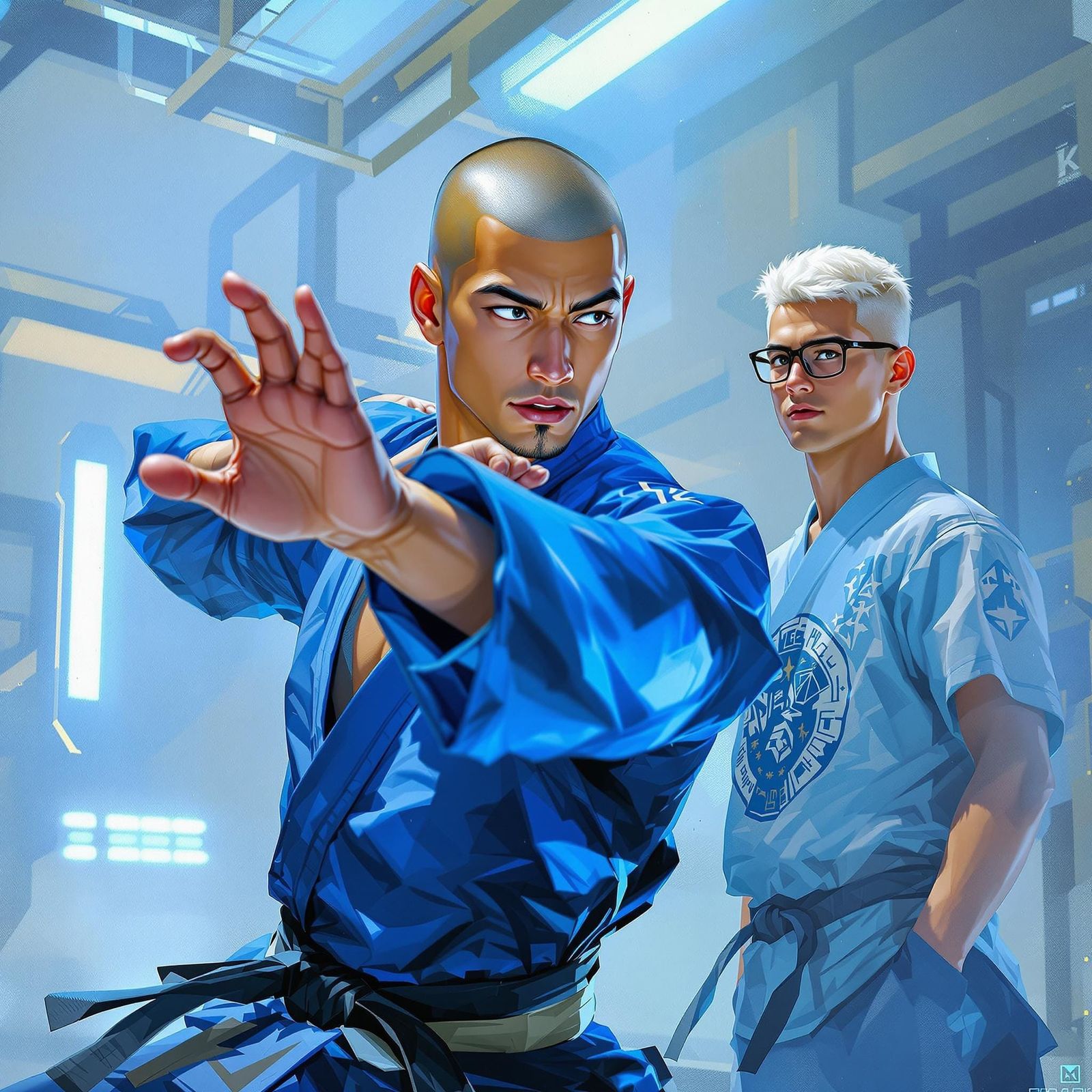 Futuristic Dojo Martial Arts Practice in Impasto Gouache