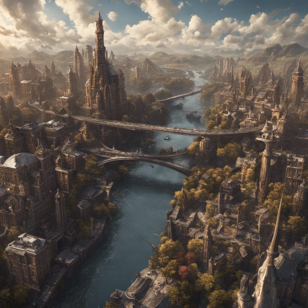Fantastical Cityscape with Bridges and Buildings