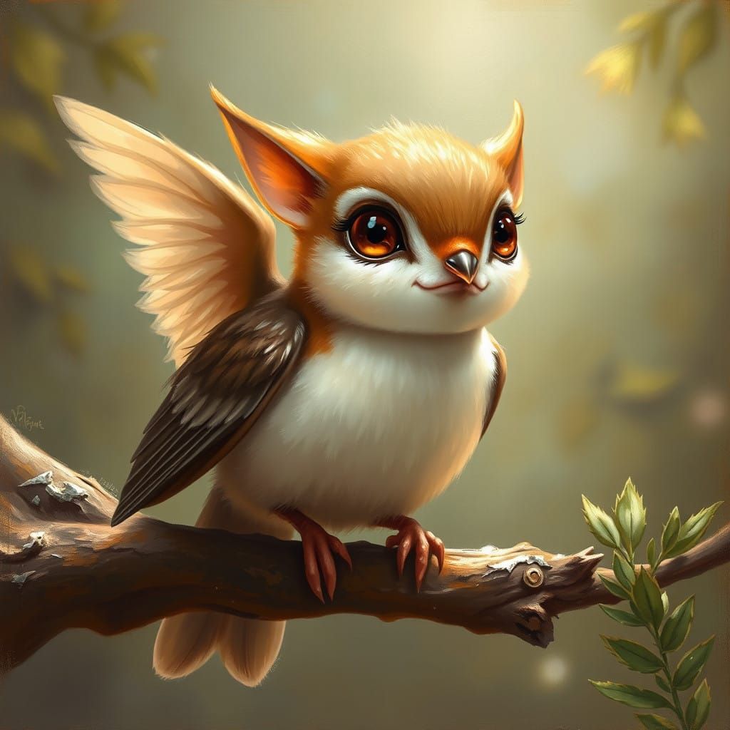 Whimsical Winged Companion in Golden Oil