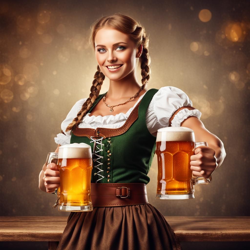Oktoberfest Barmaid with Beers: Realistic Photo