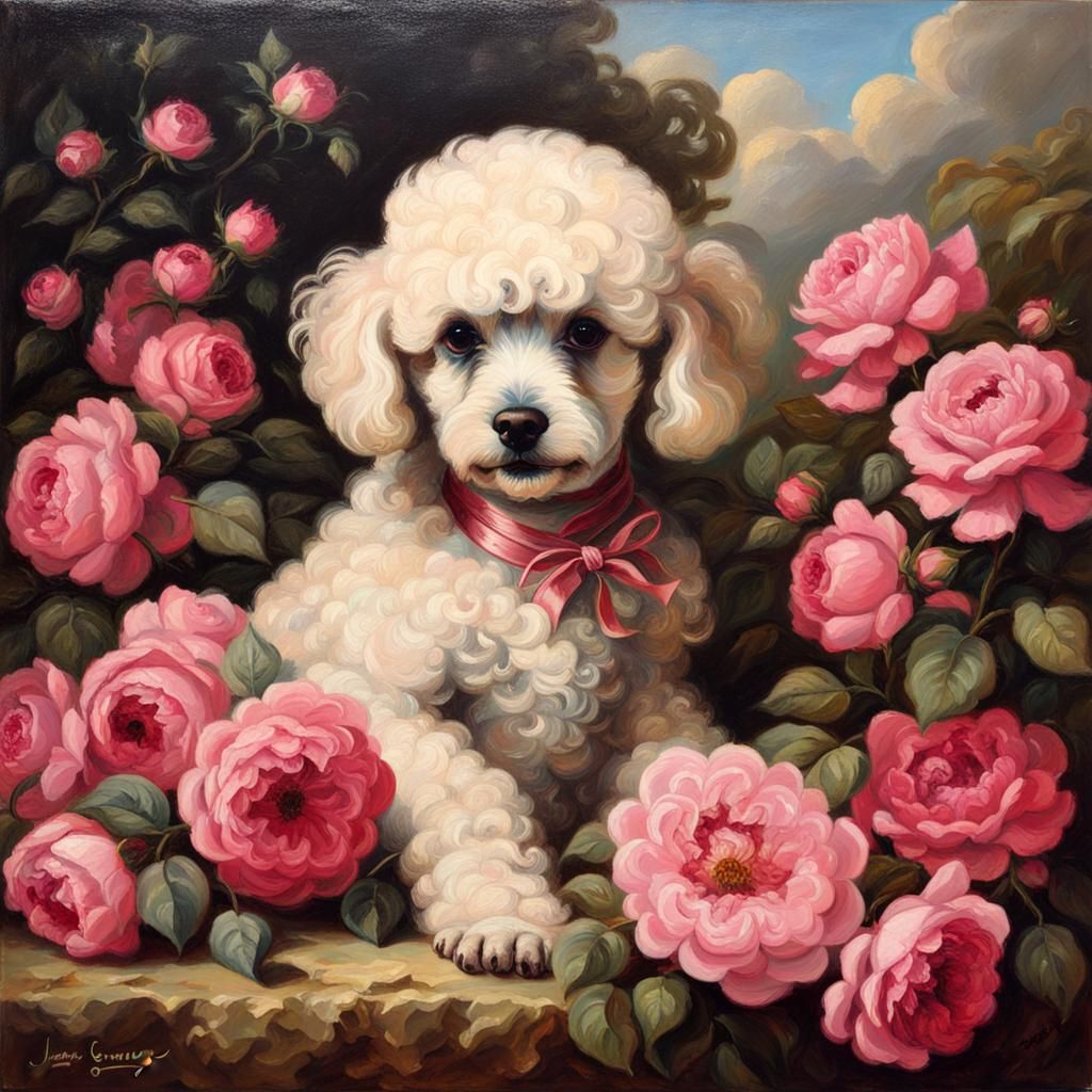 Poodle Puppy in Roses, Rococo Oil Painting