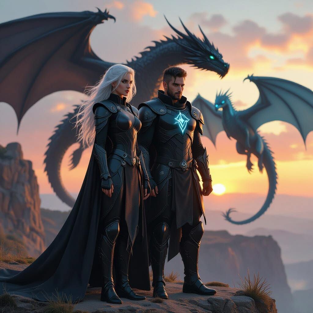 Epic Fantasy Scene with Dragons at Sunset