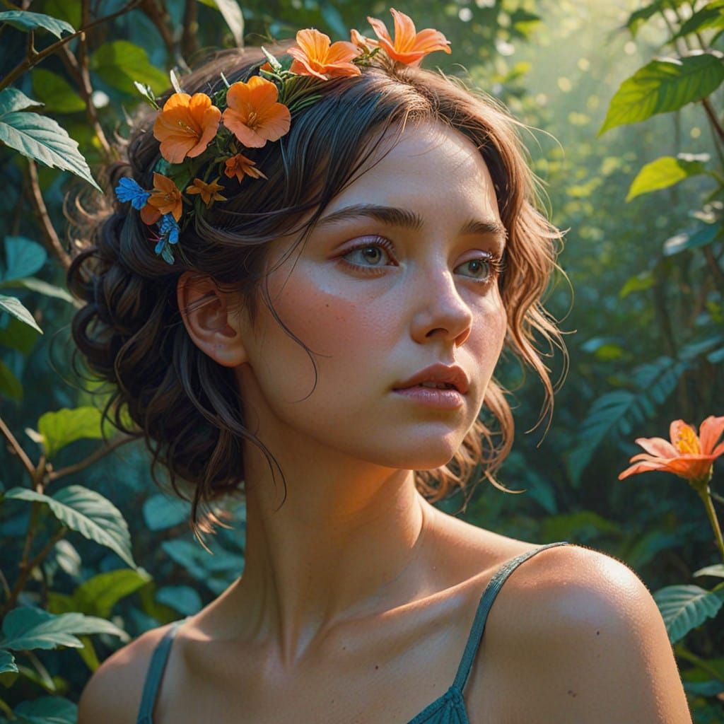 Dreamlike Realism: Enchantress in Vibrant Bloom