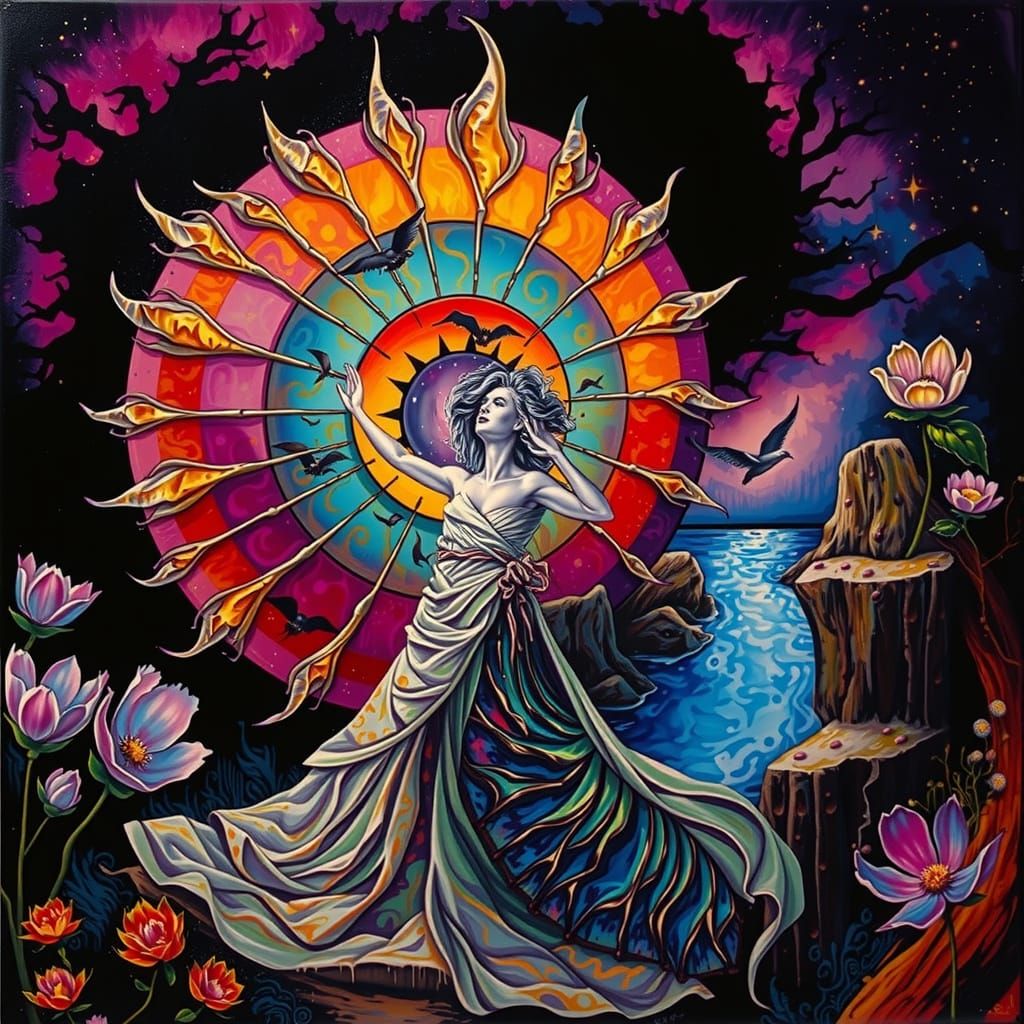 Woman Worships Sun Amidst Flowers: Surrealist Style