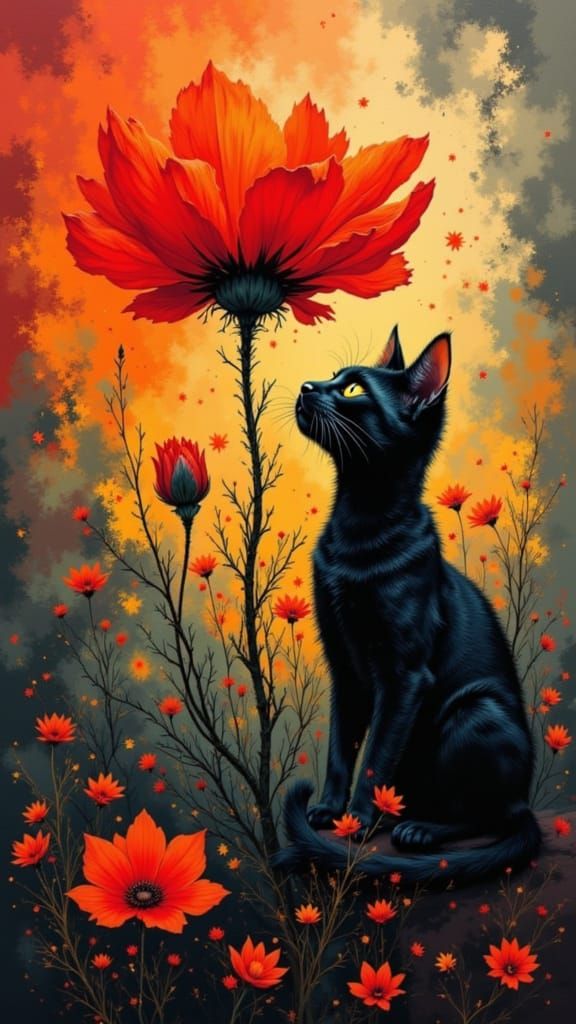 Whimsical Cat in a Vibrant Floral Landscape