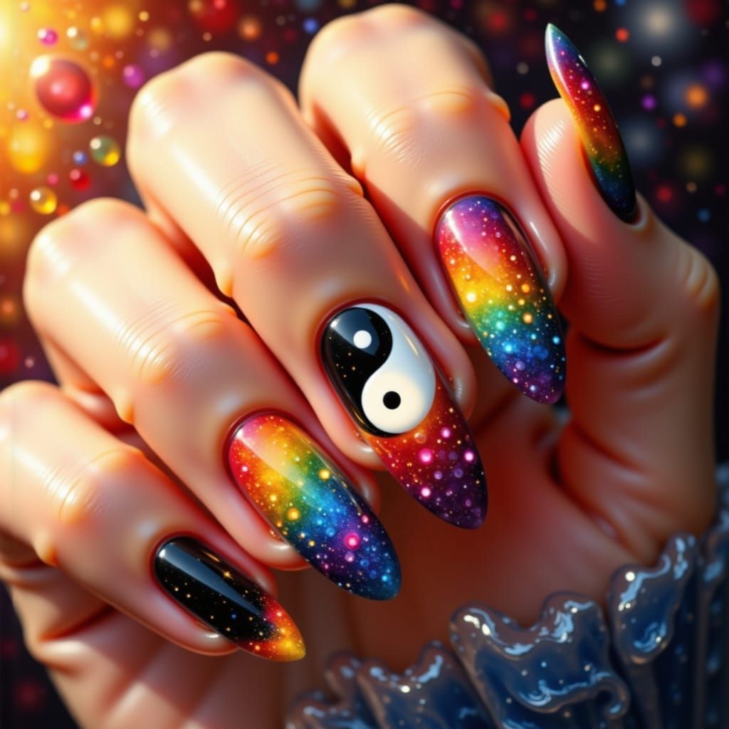 Vibrant Colorful Nails in Sunny BW Yin Yang Style