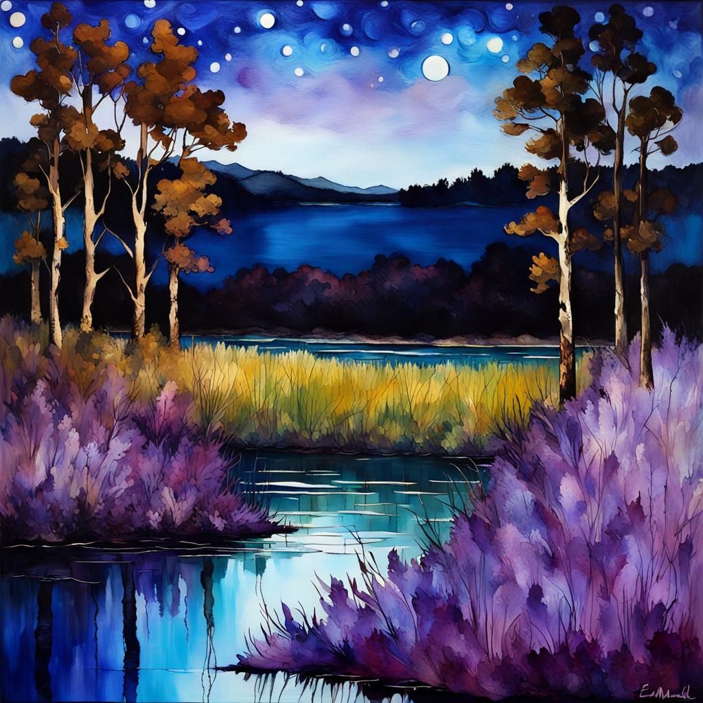 alcohol ink art :: scrub oak forest :: ink blue starry night...
