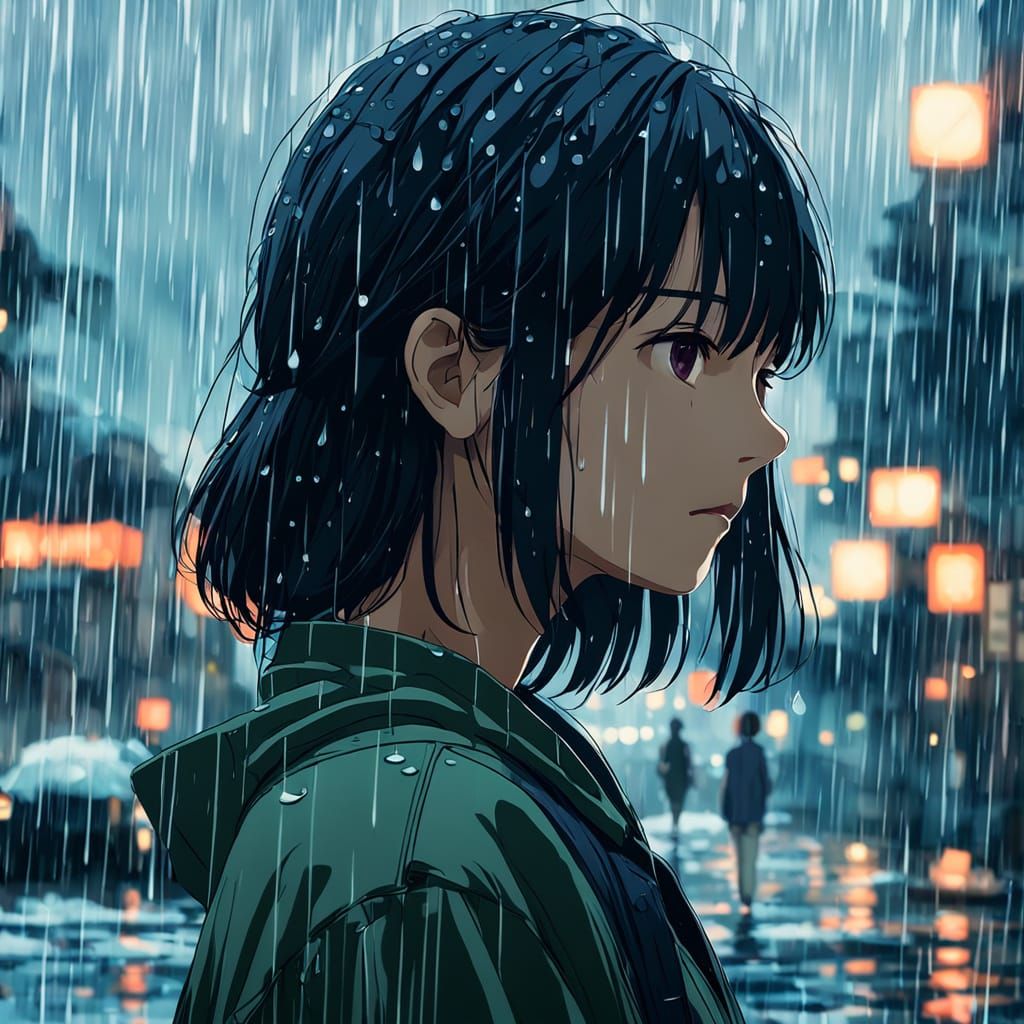 Anime Girl Standing in the Rain, Makoto Shinkai Style