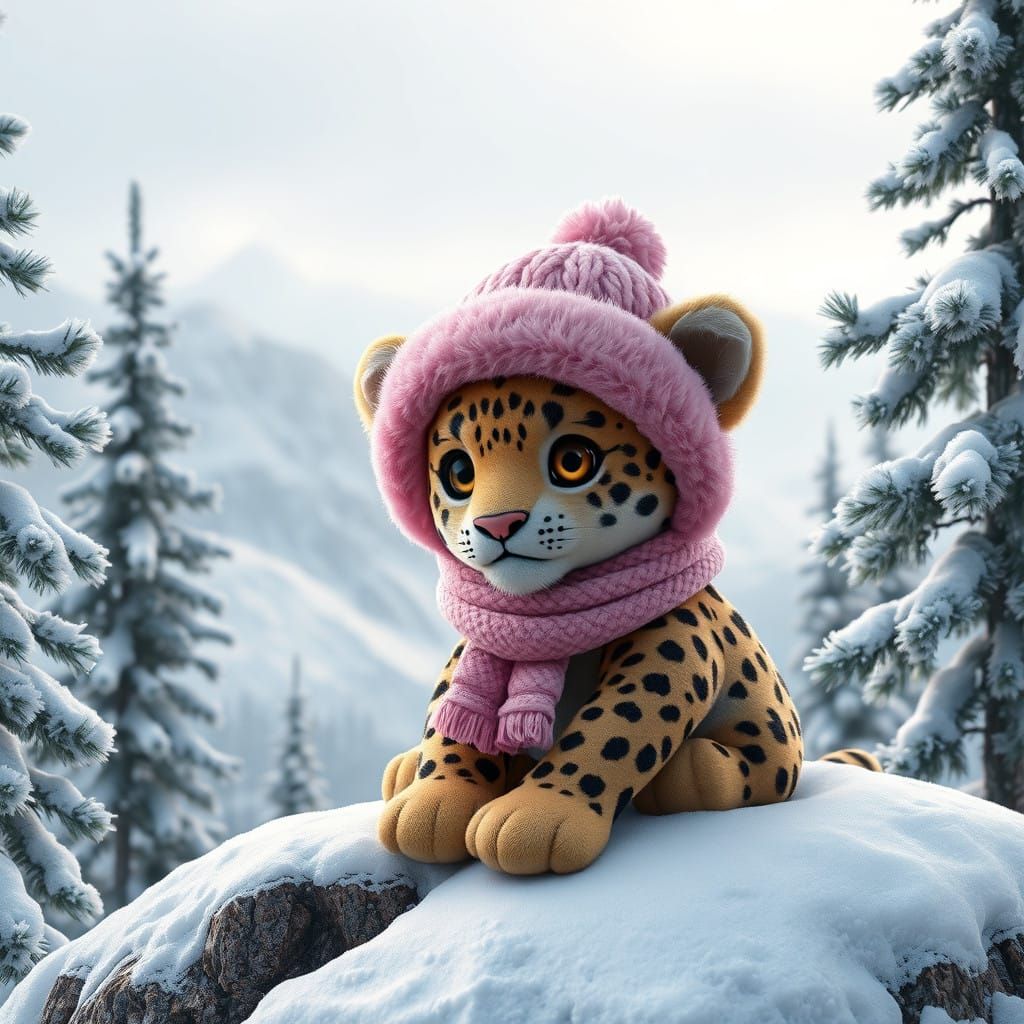 Whimsical Baby Leopard in Snowy Fantasy Scene