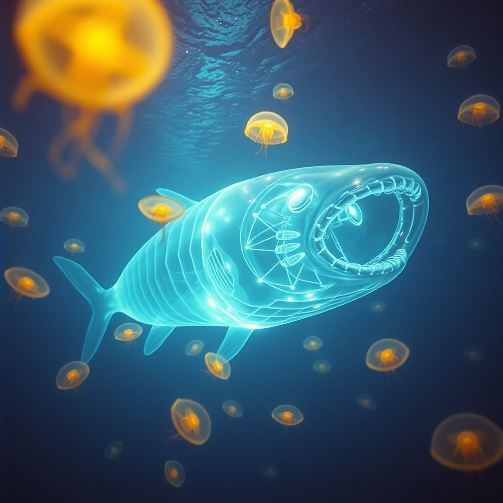 Glowing Megalodon Underwater Scene in Neon-Lit Ocean