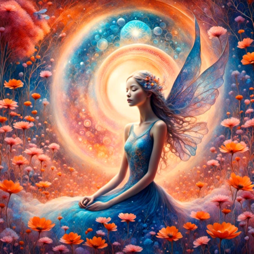 Dreamy Fairy in Flower Field with Circular Patterns