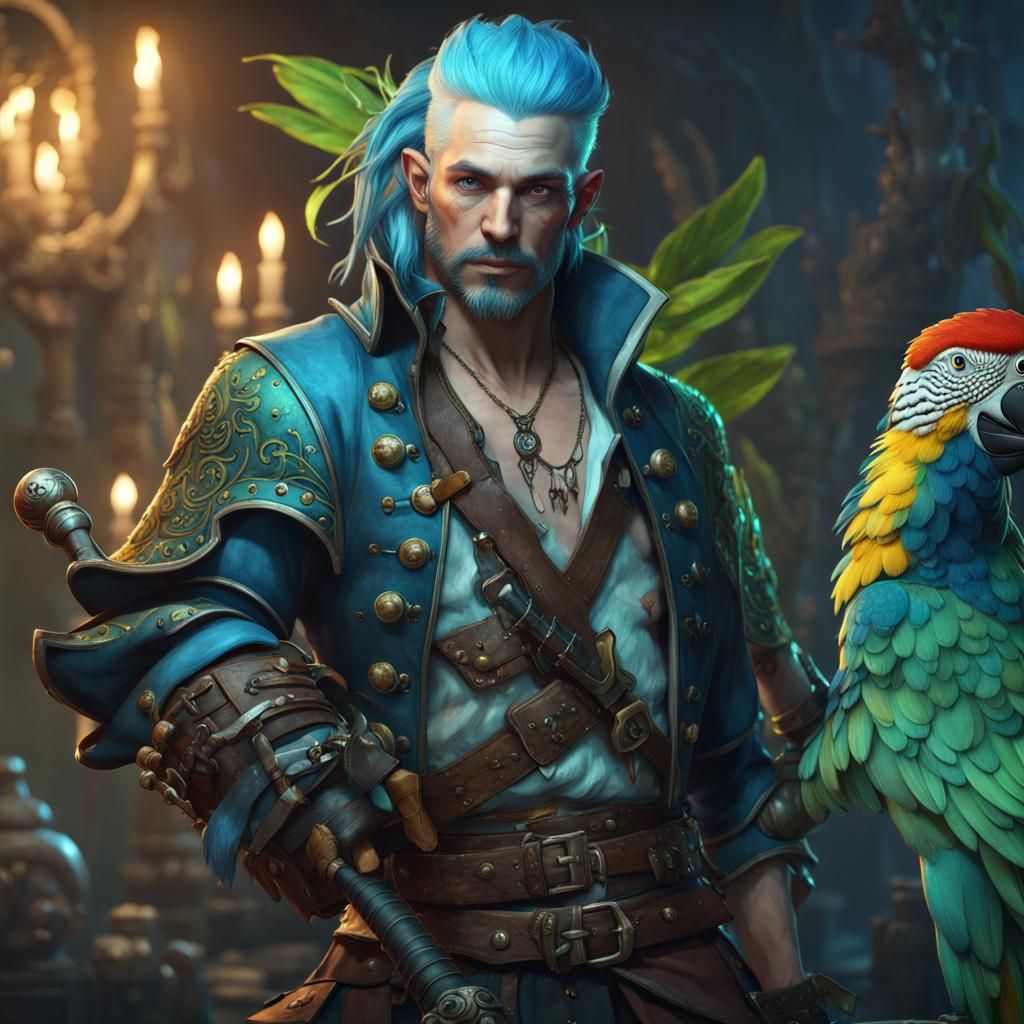 Water Genasi Pirate Bard with Parrot
