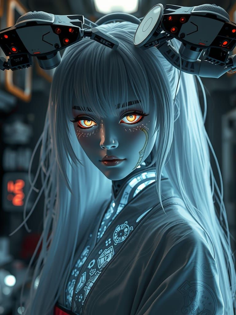 Geisha Android Portrait in Futuristic Repair Shop