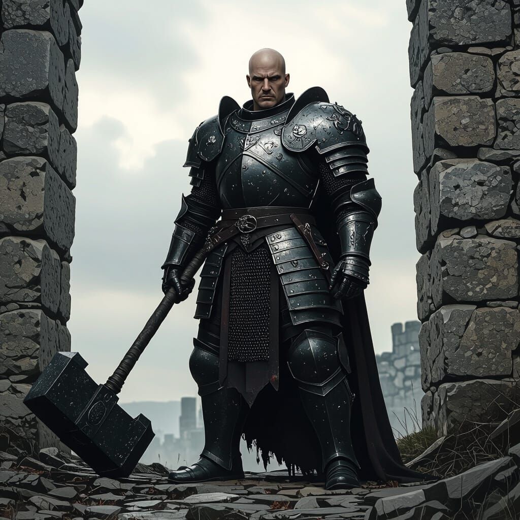 Armored Warrior with Warhammer in Dark Fantasy Style
