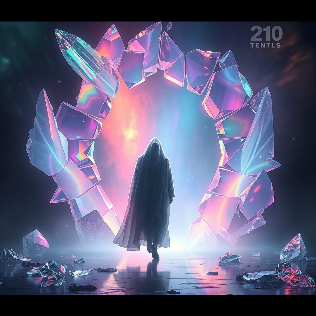 Ethereal Figure Emerges from Shattered Prism into Glowing Po...