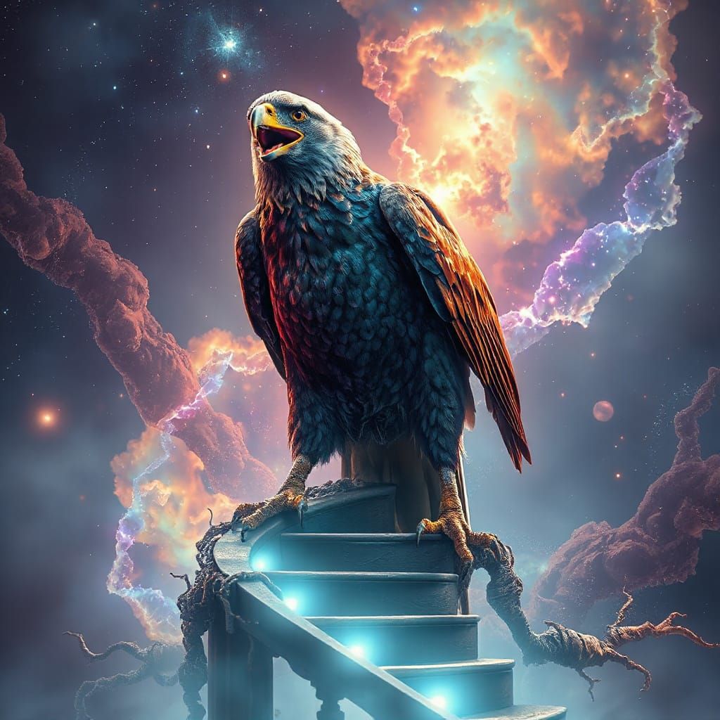 Laughing Eagle on Nebula Staircase in Surreal Style