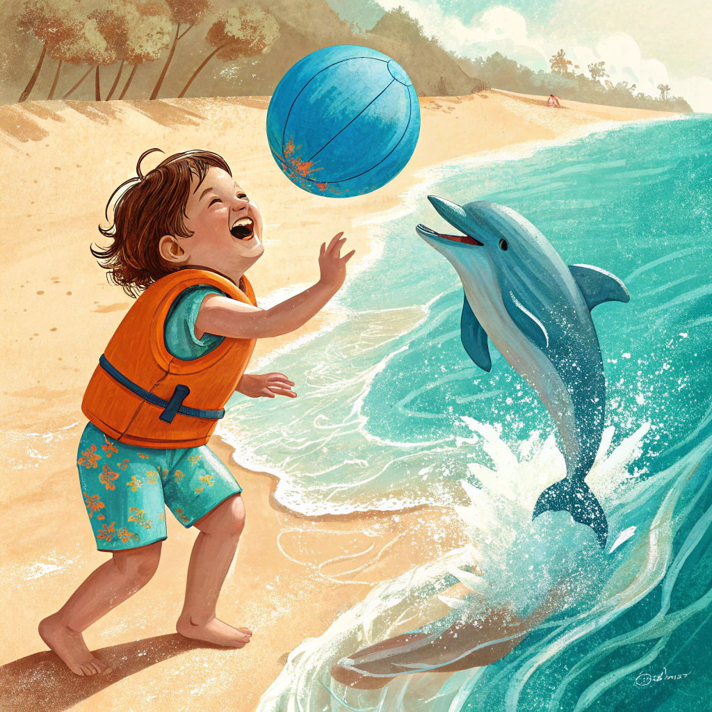 Child and Dolphin at Waters Edge in Abstract Style