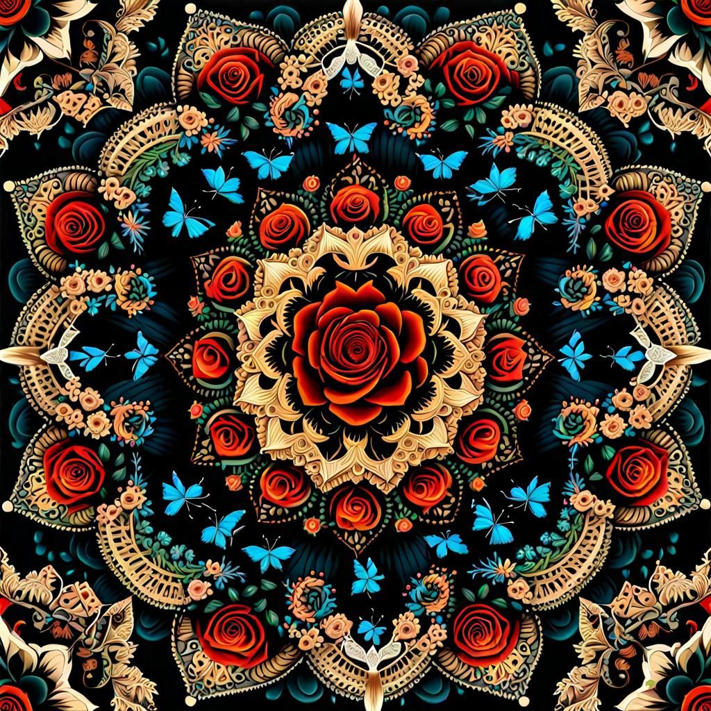 Butterfly and Rose Mandalas in Hyperrealistic Style