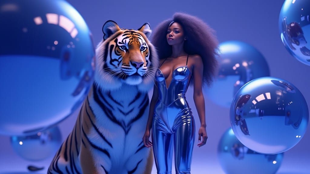 Regal Tiger and Woman in Futuristic Chrome Glass Environment