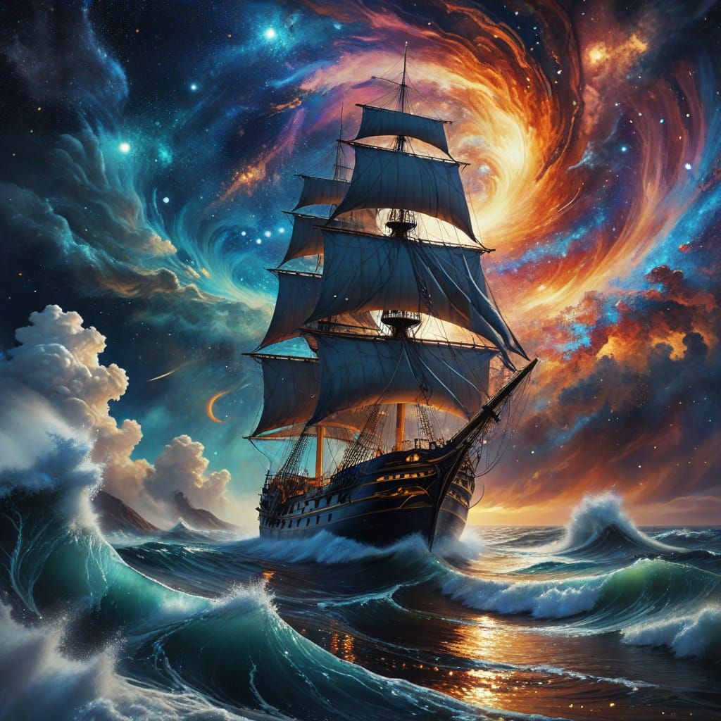Sailing Ship Emerges from Starry Vortex: Cosmic Surrealism