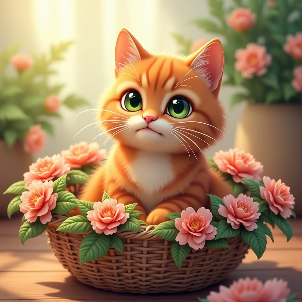 Cute Ginger Cat in Flowers: 3D Anime Art