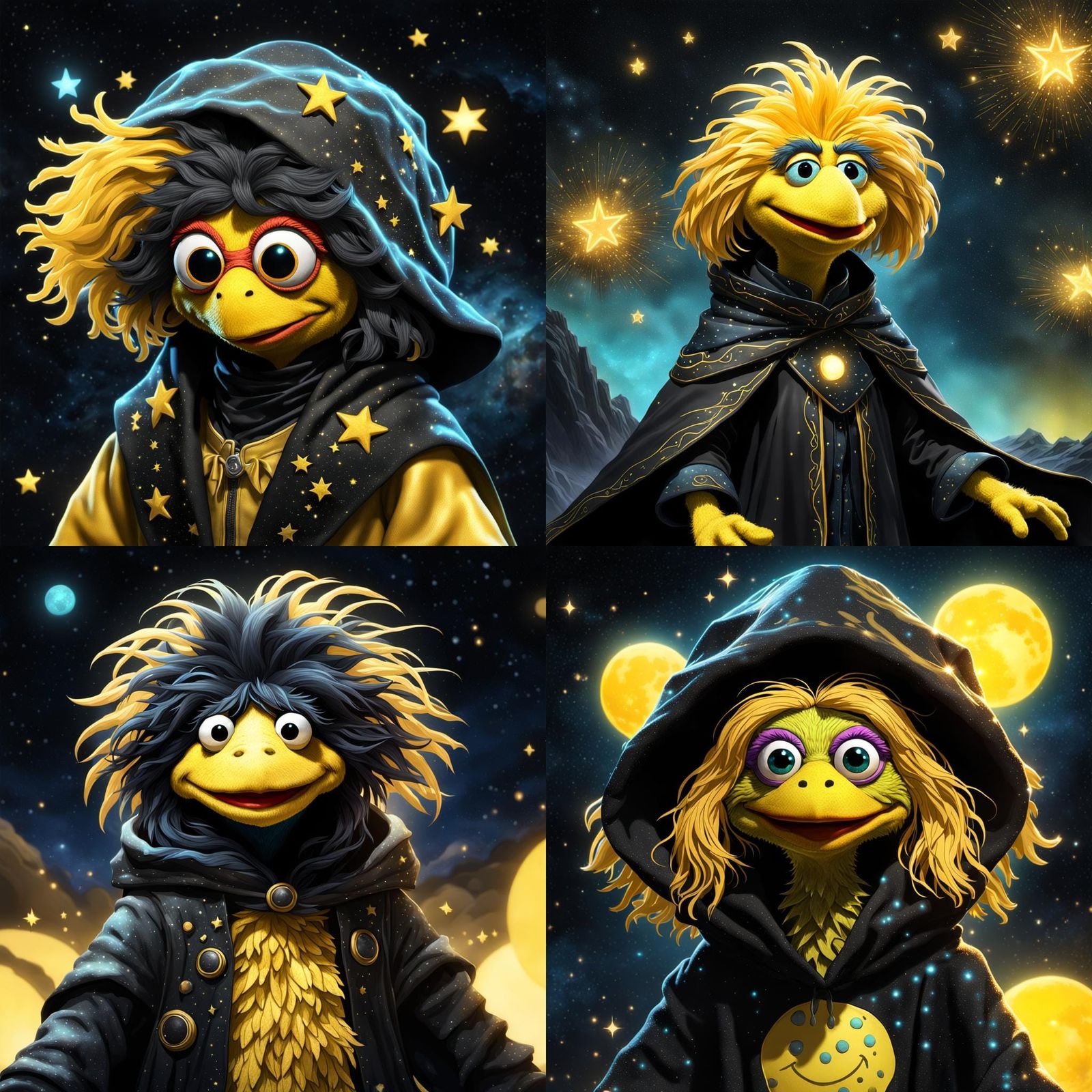 Bioluminescent Muppet in Starry Night Sky Cloak